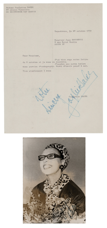 Lot 766 Josephine Baker (2) Signed Items - Photograph and Typed Letter