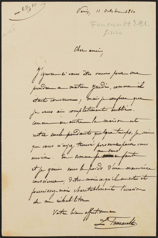 Lot 173 Leon Foucault Autograph Letter Signed - Scarce Handwritten Letter from the Inventor of the Foucault Pendulum