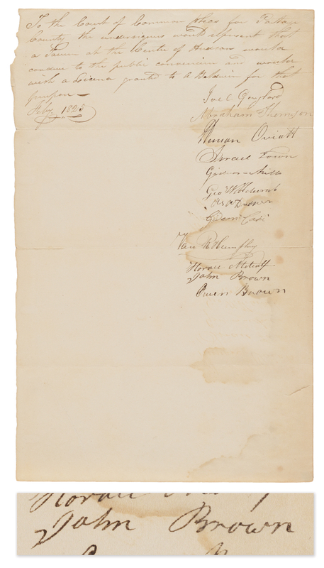 Lot 133 John Brown and Owen Brown Early Document Signed (1825), Requesting a Tavern in Hudson, Ohio