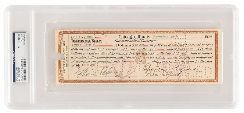 Lot 4093 Al Capone Rare 1926 Twice-Signed 'Gold Coin' Chicago Bank Document