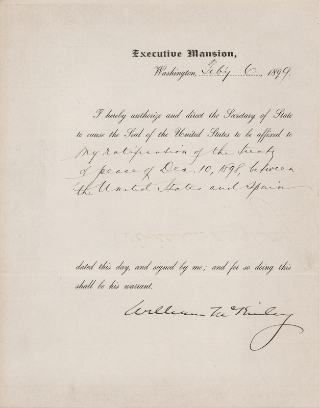 Lot 4020 William McKinley Document Signed as President, Ratifying a Peace Treaty with Spain to End the Spanish?American War