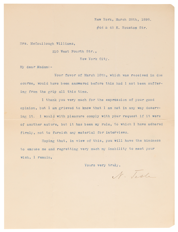 Lot 4051 Nikola Tesla Typed Letter Signed (1898) - The Year That He Caused an Earthquake in Manhattan