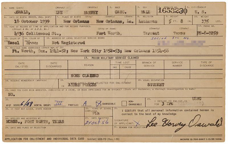 Lot 4030 Lee Harvey Oswald Signed Application for Enlistment in the U.S. Marine Corps