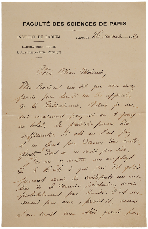 Lot 4050 Marie Curie Autograph Letter Signed, Certifying 
