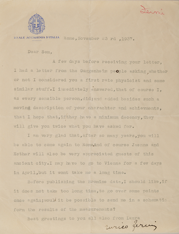 Lot 4054 Enrico Fermi Typed Letter Signed to Samuel Goudsmit: 