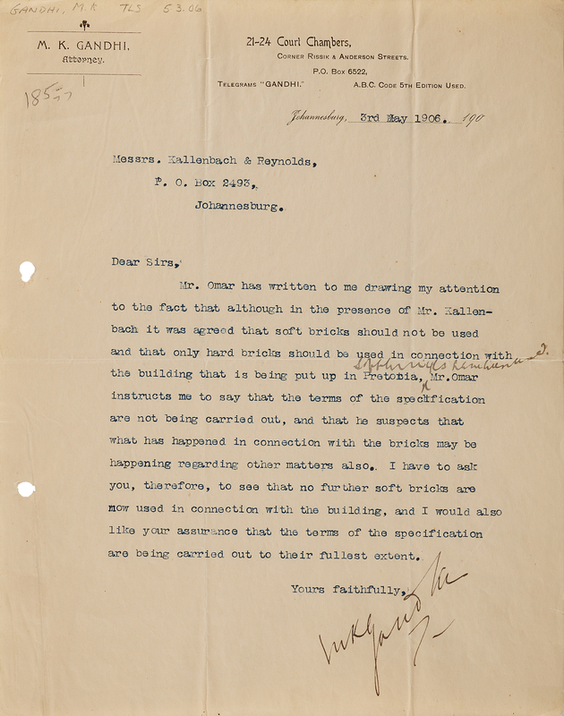 Lot 4016 Mohandas Gandhi Typed Letter Signed in the Year of 'Satyagraha' (Johannesburg, South Africa, 1906)
