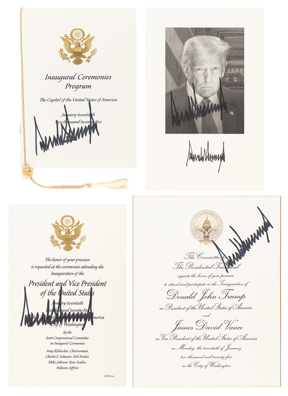Lot 4028 Donald Trump (4) Signed Items from the 2025  Presidential Inauguration - Portrait, Program, and Invitations