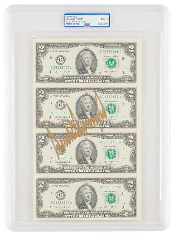 Lot 4027 Donald Trump Signed Uncut $2 Dollar Bills - PSA MINT 9