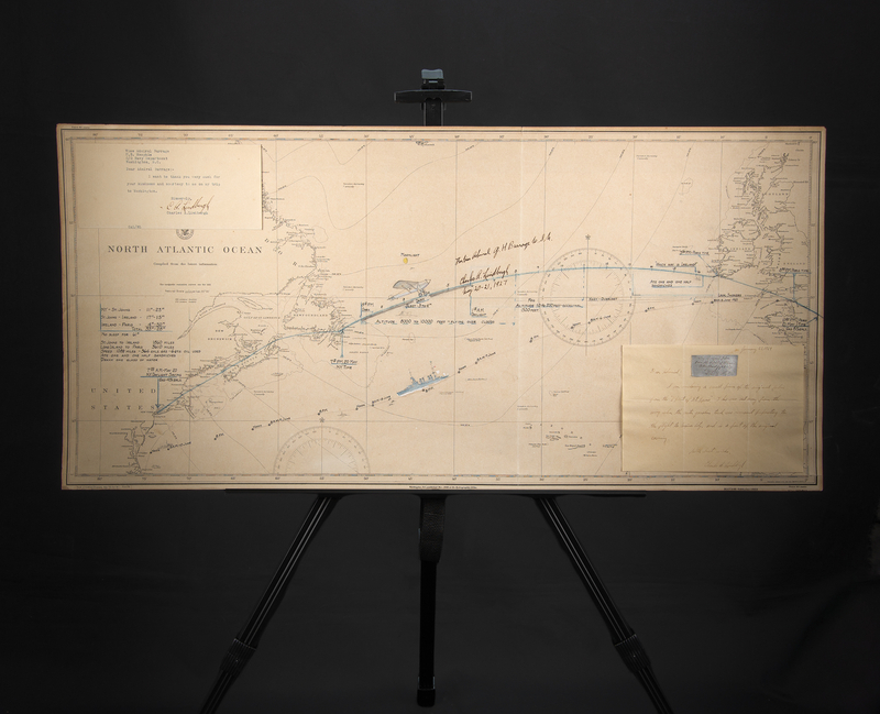 Lot 4055 Charles Lindbergh Oversized Signed Chart Tracing the Path of the Spirit of St. Louis, Presented to the Commander of the USS Memphis, Who Returned Him to America after the Transatlantic Solo Flight - with TLS, ALS, and Fabric Swatch