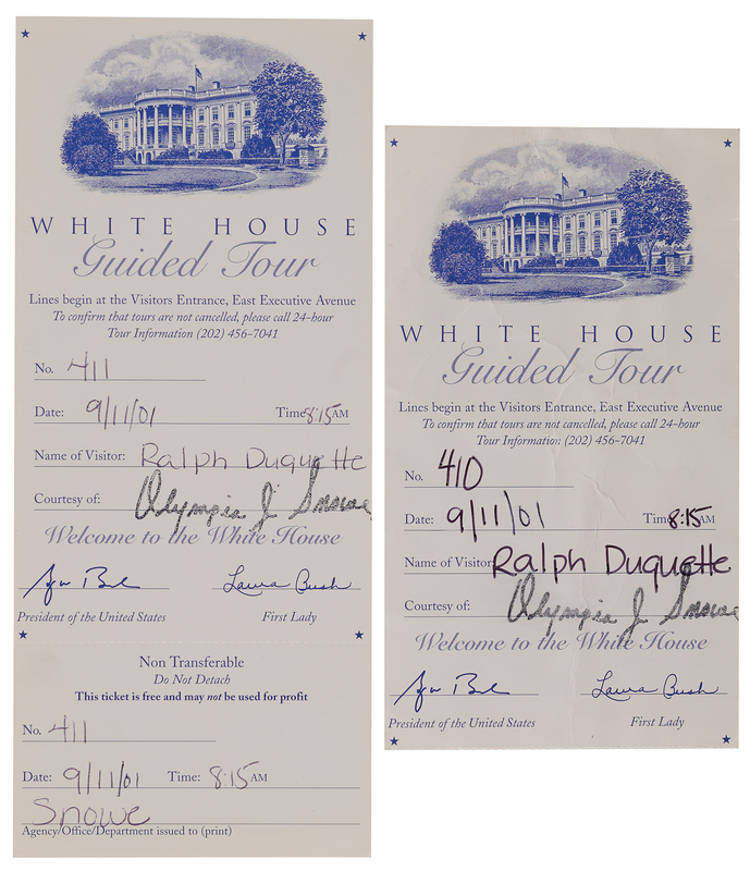Lot 4026 9/11: White House Guided Tour Ticket and Ticket Stub - Both Dated to September 11, 2001