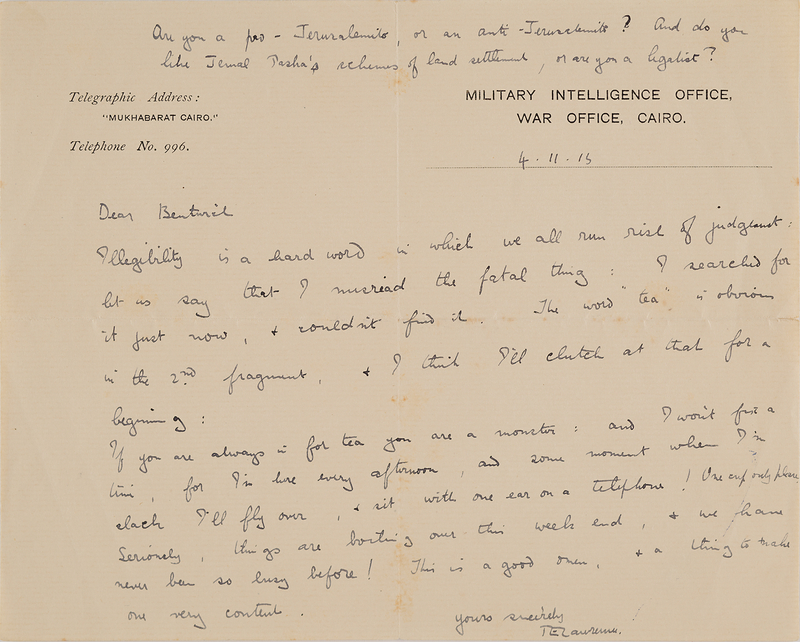 Lot 4034 T. E. Lawrence Autograph Letter Signed, Probing Legal Opinions Before the Arab Revolt: 