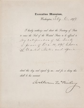 Lot #4020 William McKinley Document Signed as President, Ratifying a Peace Treaty with Spain to End the Spanish?American War - Image 1