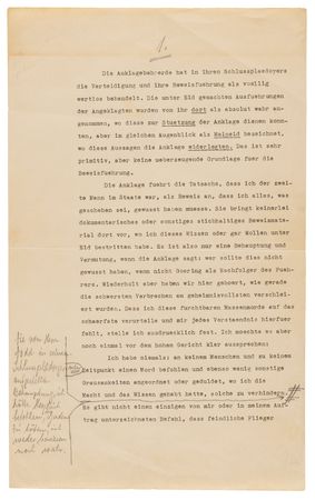 Lot #4039 Nuremberg Trials: Hermann Goring's Retained Typed Manuscript Signed, Preparing His Final Statement to the War Crimes Tribunal: 