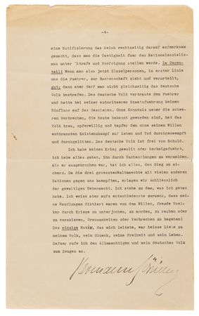 Lot #4039 Nuremberg Trials: Hermann Goring's Retained Typed Manuscript Signed, Preparing His Final Statement to the War Crimes Tribunal: 