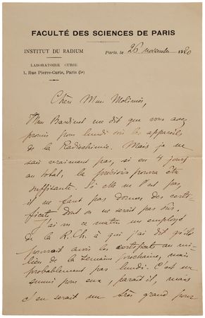 Lot #4050 Marie Curie Autograph Letter Signed, Certifying 