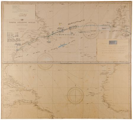 Lot #4055 Charles Lindbergh Oversized Signed Chart Tracing the Path of the Spirit of St. Louis, Presented to the Commander of the USS Memphis, Who Returned Him to America after the Transatlantic Solo Flight - with TLS, ALS, and Fabric Swatch - Image 8