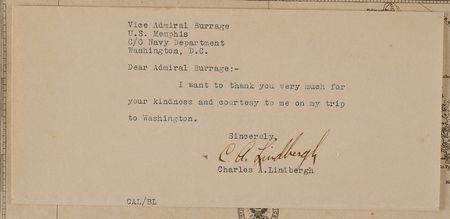 Lot #4055 Charles Lindbergh Oversized Signed Chart Tracing the Path of the Spirit of St. Louis, Presented to the Commander of the USS Memphis, Who Returned Him to America after the Transatlantic Solo Flight - with TLS, ALS, and Fabric Swatch - Image 2