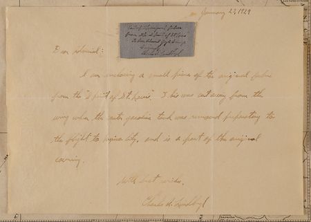 Lot #4055 Charles Lindbergh Oversized Signed Chart Tracing the Path of the Spirit of St. Louis, Presented to the Commander of the USS Memphis, Who Returned Him to America after the Transatlantic Solo Flight - with TLS, ALS, and Fabric Swatch - Image 3