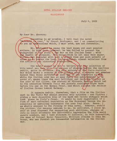 Lot #4068 Ernest Hemingway Typed Letter Signed, Lashing Out Against Hollywood Rewrites and Mussolini's Censorship: 