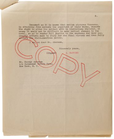 Lot #4068 Ernest Hemingway Typed Letter Signed, Lashing Out Against Hollywood Rewrites and Mussolini's Censorship: 