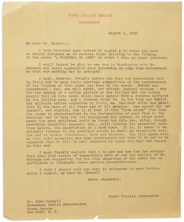 Lot #4068 Ernest Hemingway Typed Letter Signed, Lashing Out Against Hollywood Rewrites and Mussolini's Censorship: 