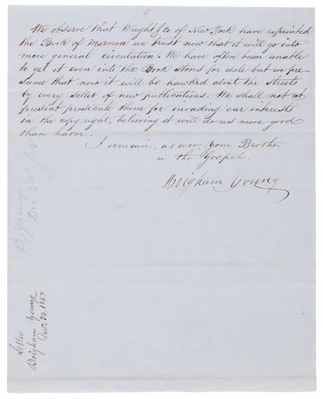 Lot #4045 Brigham Young Letter Signed on President Buchanan, the Possible Statehood of Utah, and a New Edition of the Book of Mormon: 
