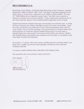 Lot #4090 Grateful Dead: Jerry Garcia and Robert Hunter Original Handwritten Song Lyrics for ?Doin? That Rag,? an Experimental Classic from the Band?s 1969 Album, Aoxomoxoa - Image 10