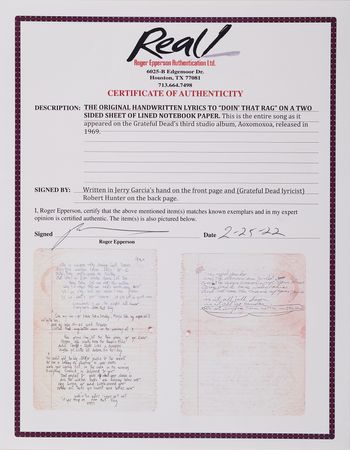 Lot #4090 Grateful Dead: Jerry Garcia and Robert Hunter Original Handwritten Song Lyrics for ?Doin? That Rag,? an Experimental Classic from the Band?s 1969 Album, Aoxomoxoa - Image 5