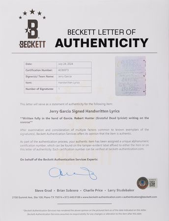 Lot #4090 Grateful Dead: Jerry Garcia and Robert Hunter Original Handwritten Song Lyrics for ?Doin? That Rag,? an Experimental Classic from the Band?s 1969 Album, Aoxomoxoa - Image 6