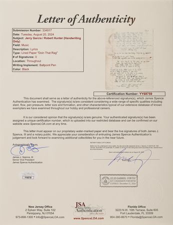 Lot #4090 Grateful Dead: Jerry Garcia and Robert Hunter Original Handwritten Song Lyrics for ?Doin? That Rag,? an Experimental Classic from the Band?s 1969 Album, Aoxomoxoa - Image 7