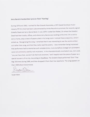 Lot #4090 Grateful Dead: Jerry Garcia and Robert Hunter Original Handwritten Song Lyrics for ?Doin? That Rag,? an Experimental Classic from the Band?s 1969 Album, Aoxomoxoa - Image 8