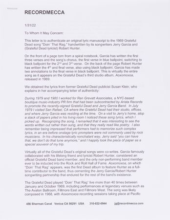 Lot #4090 Grateful Dead: Jerry Garcia and Robert Hunter Original Handwritten Song Lyrics for ?Doin? That Rag,? an Experimental Classic from the Band?s 1969 Album, Aoxomoxoa - Image 9