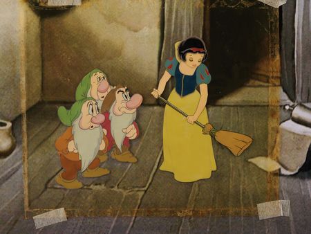Lot #4079 Snow White, Bashful, Grumpy, and Sleepy production cels from Snow White and the Seven Dwarfs - Image 1