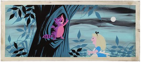 Lot #4082 Mary Blair panoramic concept painting of Alice and the Cheshire Cat from Alice in Wonderland - Image 1