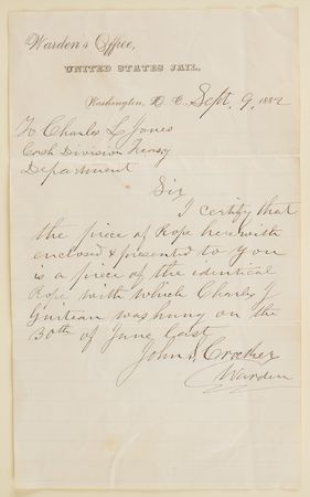 Lot #4029 The Execution of Charles Guiteau: Original Rope Section of Hanging Noose and Original Execution Invitation Card, with Handwritten Letter of Authenticity from Warden John S. Crocker - Image 4