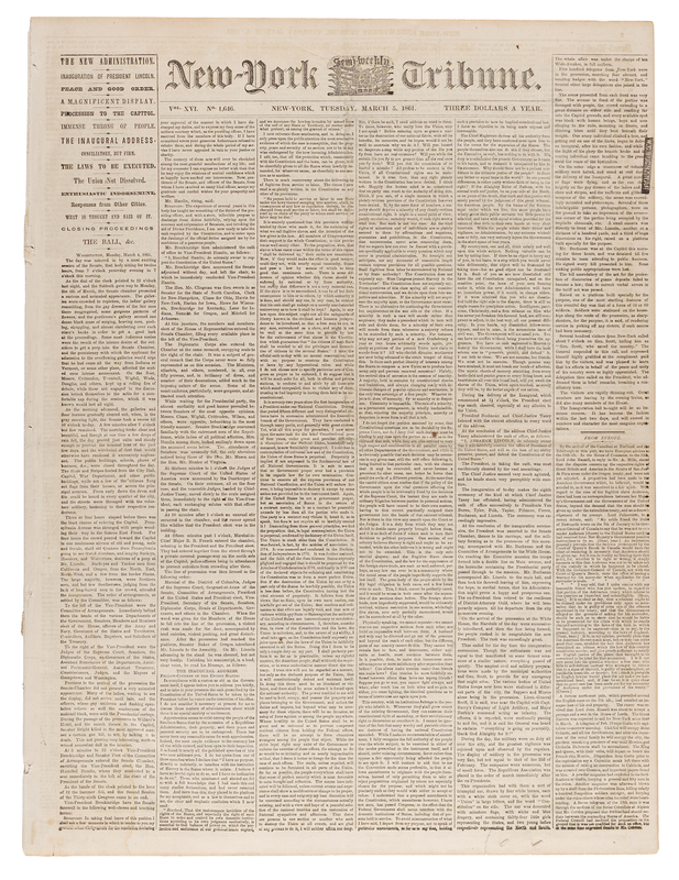 Lot 87 Abraham Lincoln: New-York Tribune from March 5, 1861, Covering Lincoln's First Inauguration