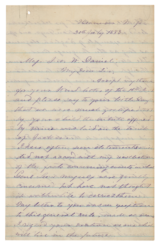 Lot 360 Varina Davis Autograph Letter Signed on Behalf of Jefferson Davis, Correcting the Record on His Relationship with Robert E. Lee: 