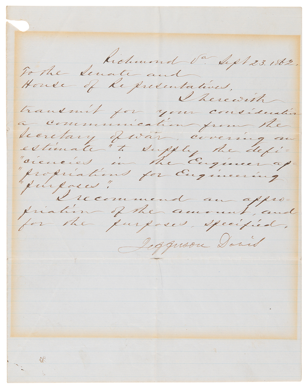 Lot 316 Jefferson Davis Civil War-Dated Letter Signed to the Confederate States Congress, Making Appropriations for War