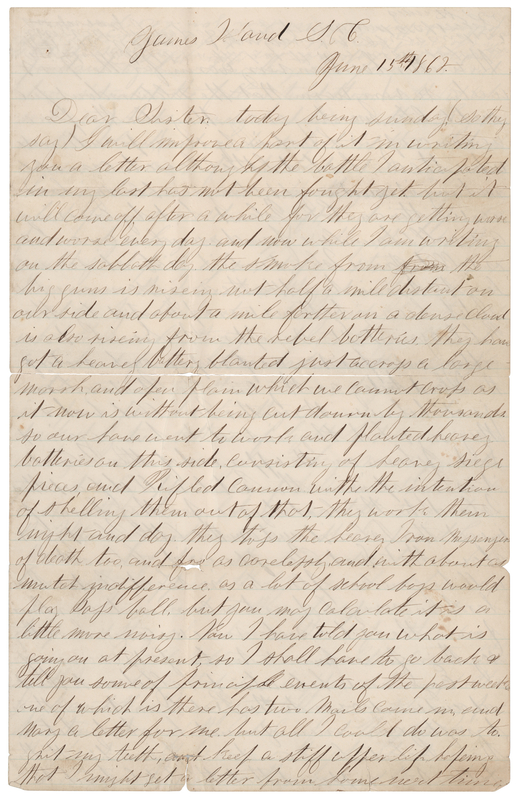Lot 354 Civil War: Union Soldier's Letter on Action at James Island/Battle of Secessionville