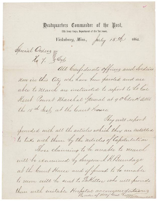 Lot 329 Vicksburg: Special Orders No. 7, Signed by R. R. Townes (1863) - Paroled Confederates Ordered to March