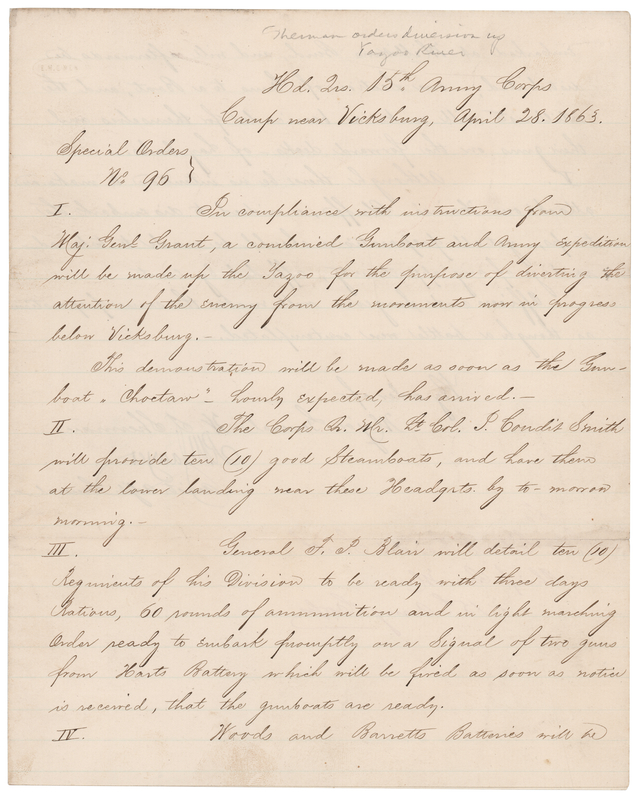 Lot 330 Vicksburg: Special Orders No. 96, Signed by R. M. Sawyer (1863) - Organizing a Diversionary 