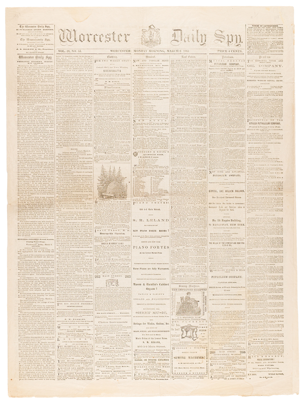 Lot 353 Civil War: The Worcester Daily Spy from March 6, 1865, with Abraham Lincoln's Second Inaugural Address: 