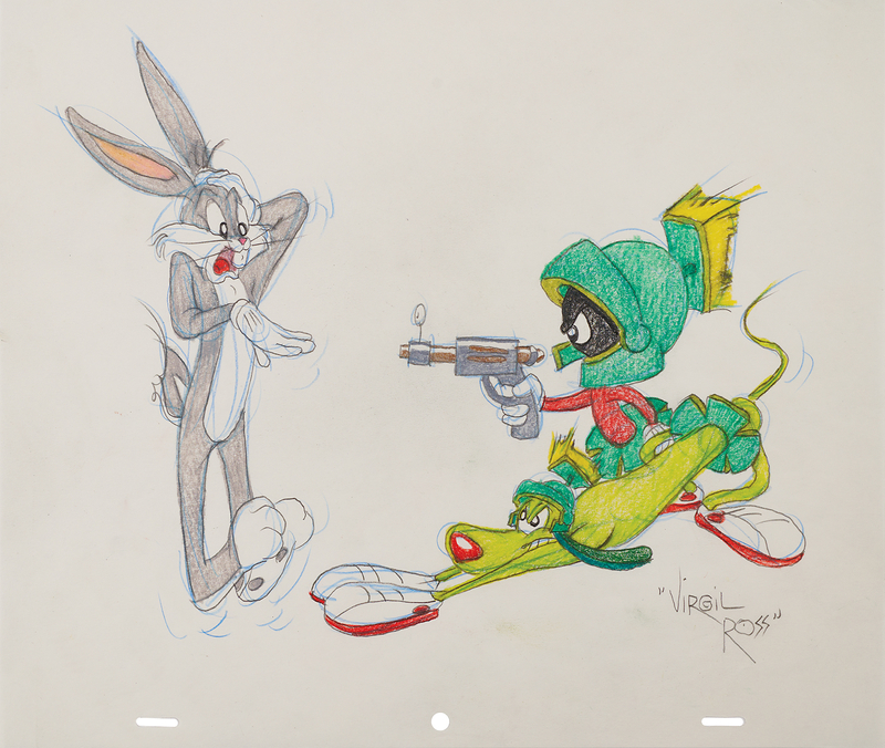 Lot 480 Virgil Ross Signed Original Drawing of Bug Bunny, Marvin the Martian, and K-9 the Dog