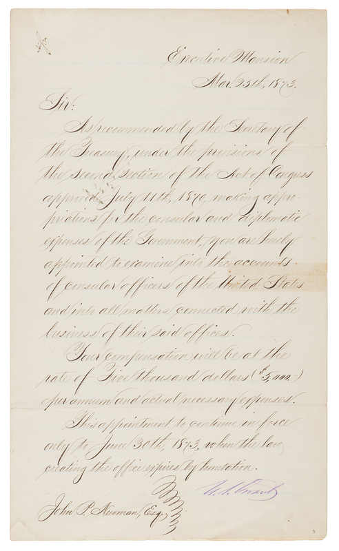 Lot 21 U. S. Grant Letter Signed as President, Appointing John P. Newman to 