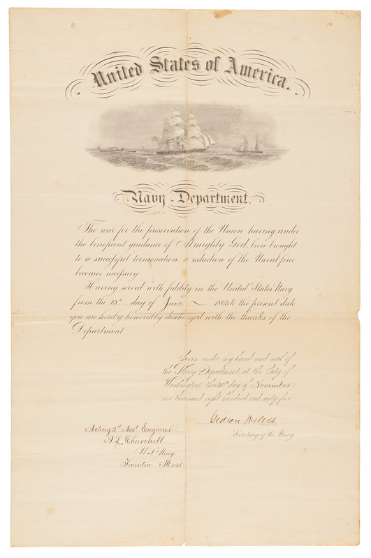 Lot 306 Gideon Welles Document Signed as Secretary of the Navy - Civil War Naval Discharge Certificate
