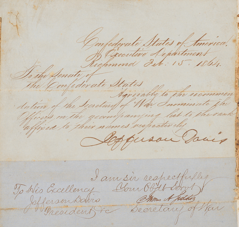 Lot 318 Jefferson Davis Civil War-Dated Letter Signed to the Senate of the Confederate States, Promoting Officers