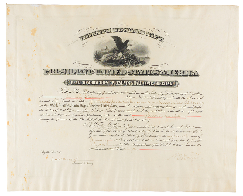 Lot 103 William H. Taft Document Signed as President, Appointing an Assistant Surgeon in the Marine Hospital Service