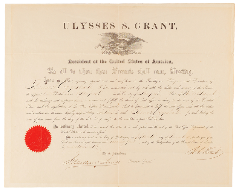 Lot 22 U. S. Grant Document Signed as President, Appointing a Postmaster