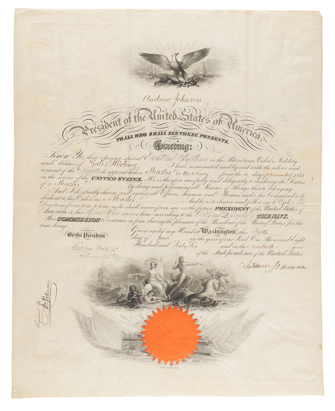 Lot 68 Andrew Johnson Document Signed as President, Appointing a Master in the Navy
