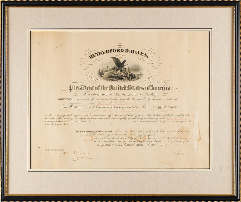 Lot 66 Rutherford B. Hayes Document Signed as President, Appointing a Collector of Customs